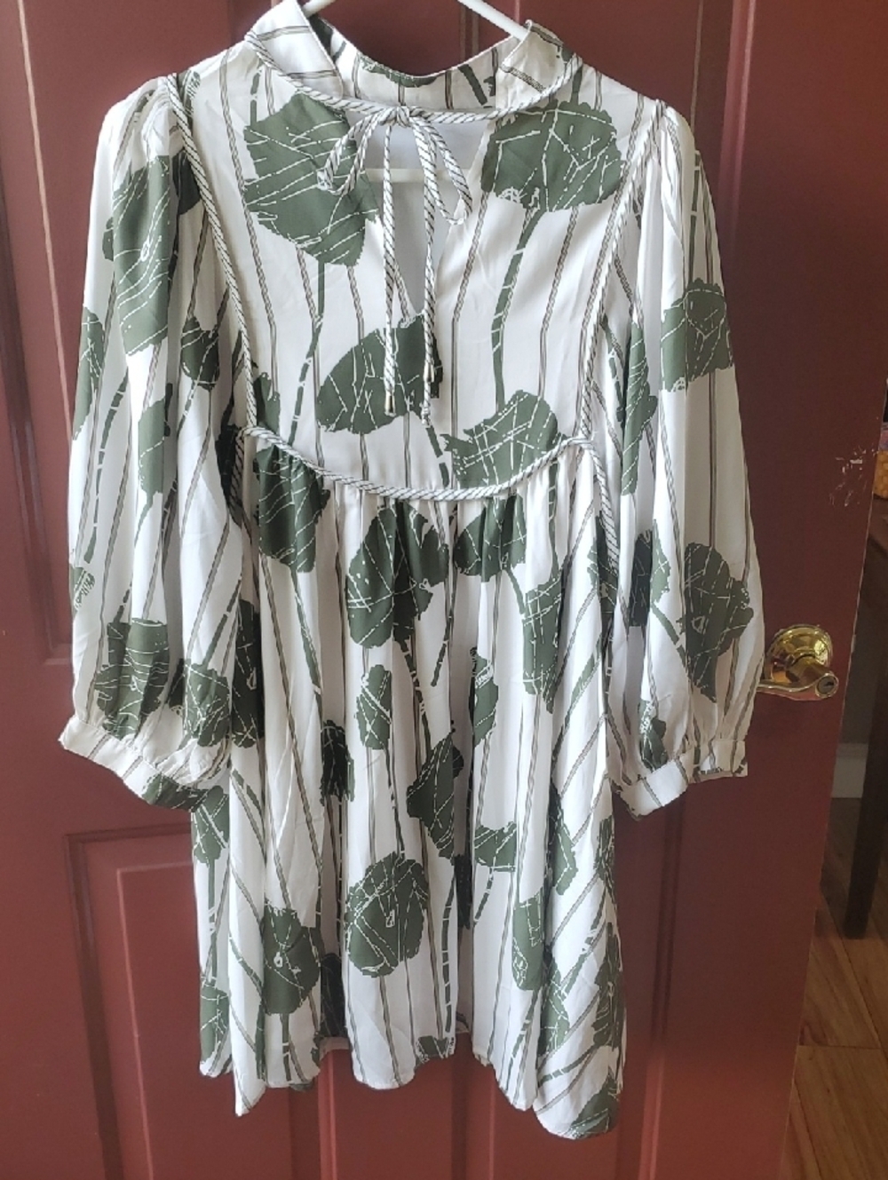 White and Olive Green Floral Long Sleeve Babydoll Dress - Picture 10 of 10